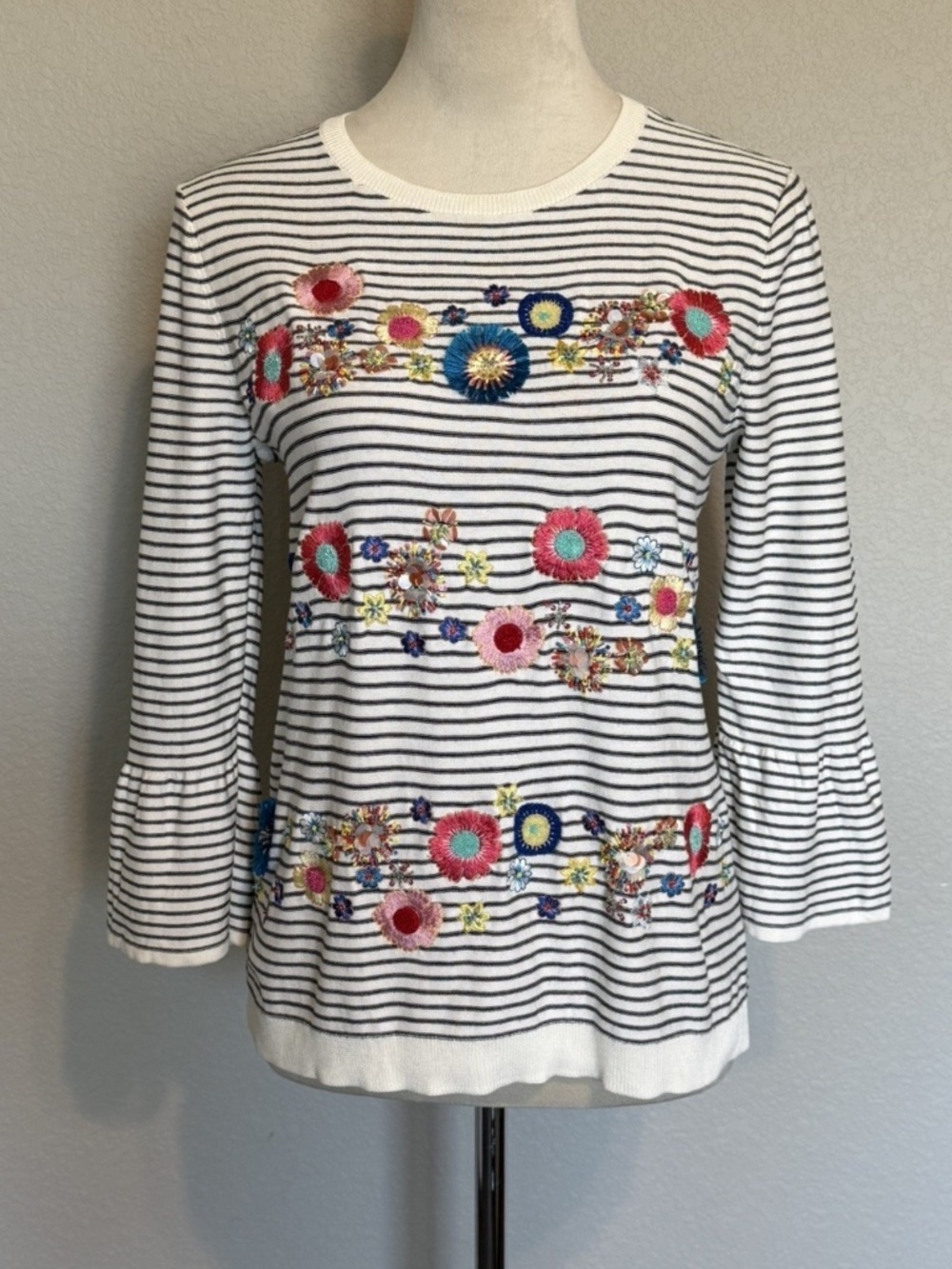 Talbots Womens Small Black Ivory Stripe Floral Beaded Embroidered Top
